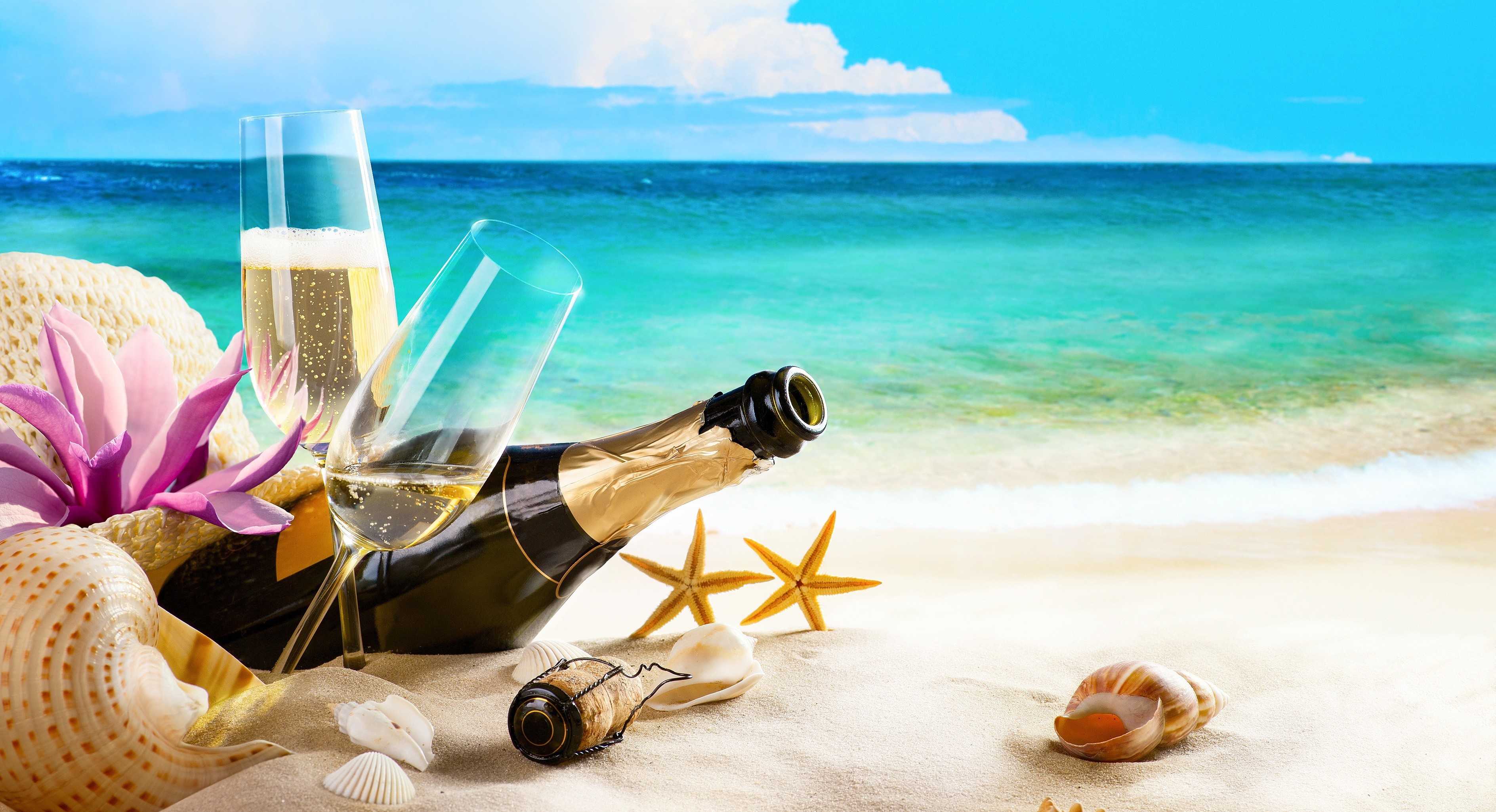 A champagne bottle and two glasses in the sand on the beach