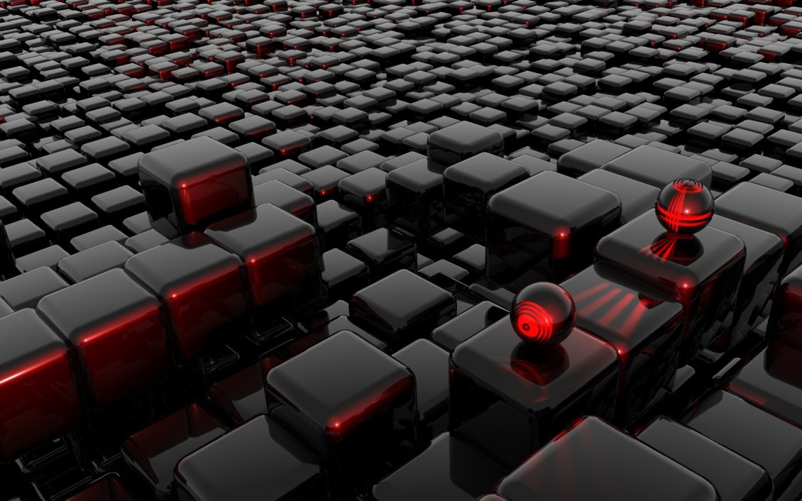 Download Wallpaper Black cubes with red edges and two sphere