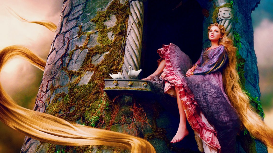 Download Wallpaper Taylor Swift as Rapunzel with two white pigeons