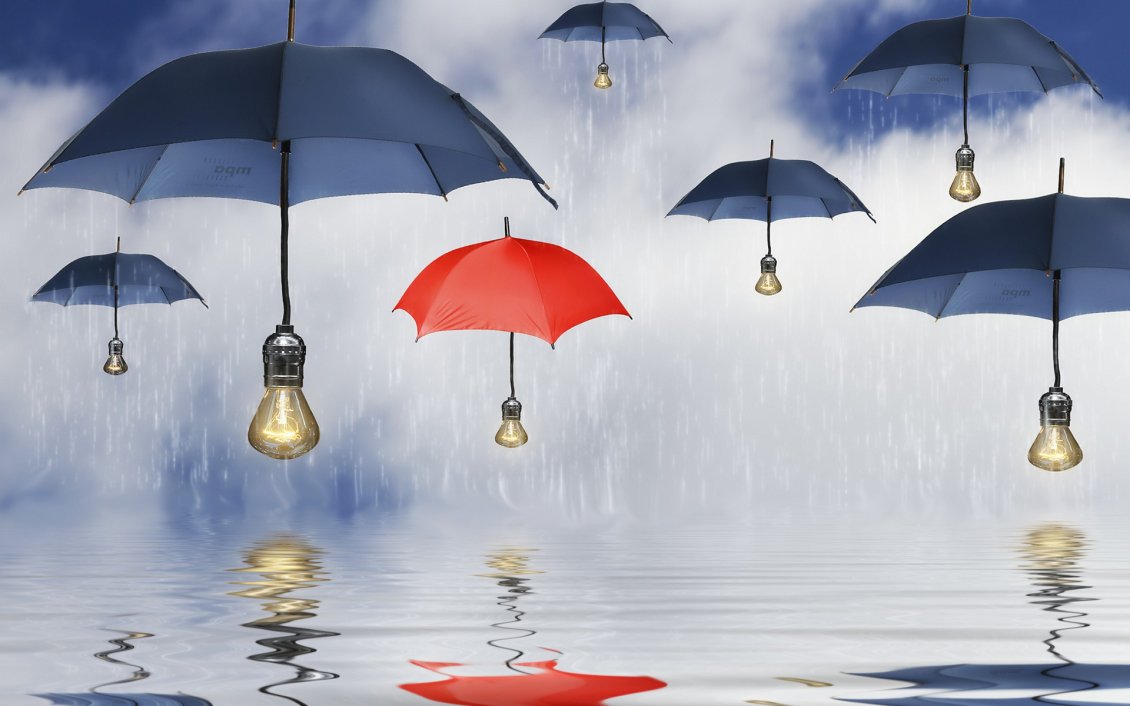 Download Wallpaper Abstract blue and red umbrellas in the rain over the water