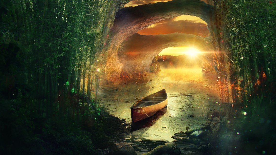 Download Wallpaper Fantastic forest, boat on the water