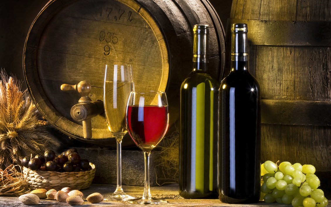 Download Wallpaper White and red wine in the cellar - Wine barrels