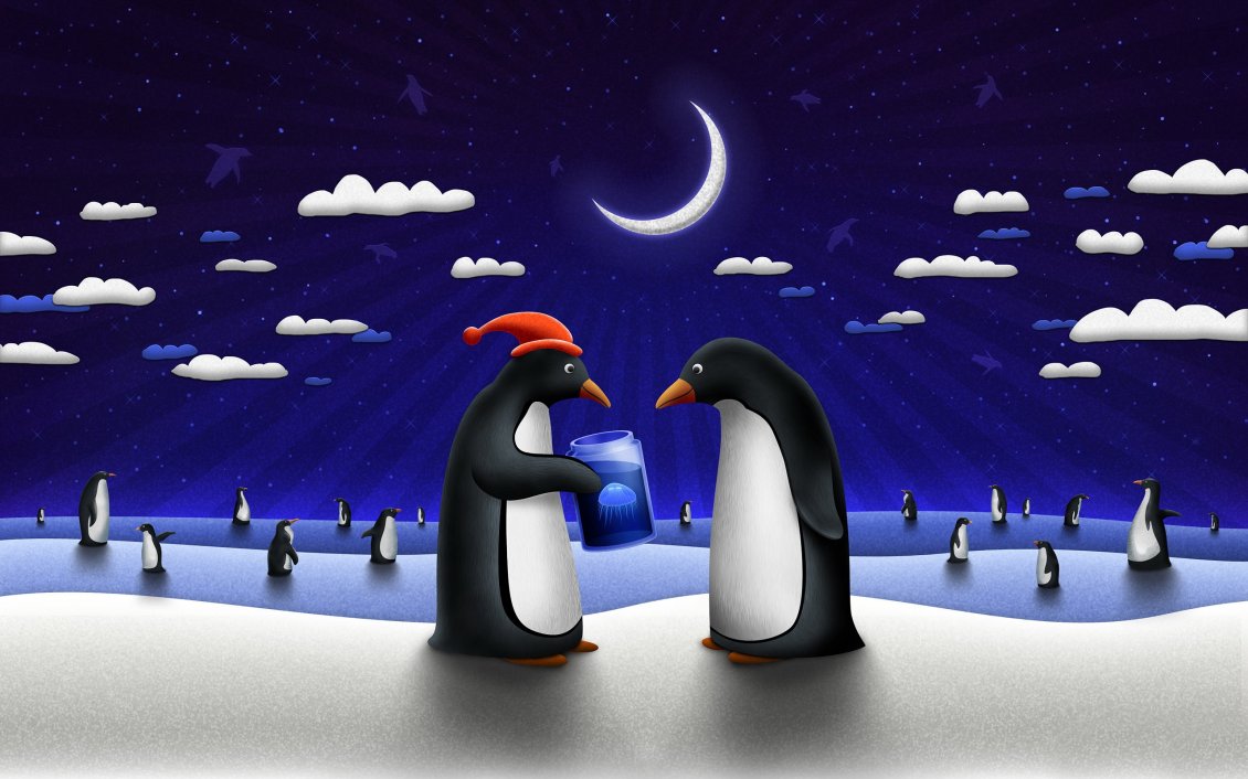 Download Wallpaper Pinguins under the moonlight - Blue night