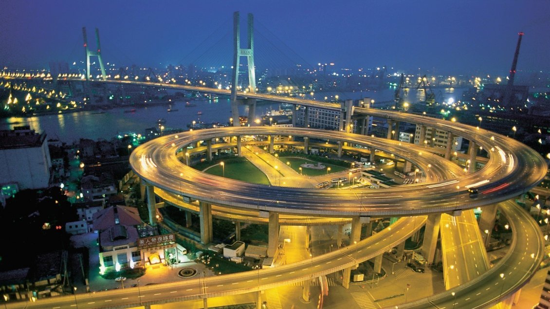 Download Wallpaper Nanpu Bridge and Spiral Road with many lights