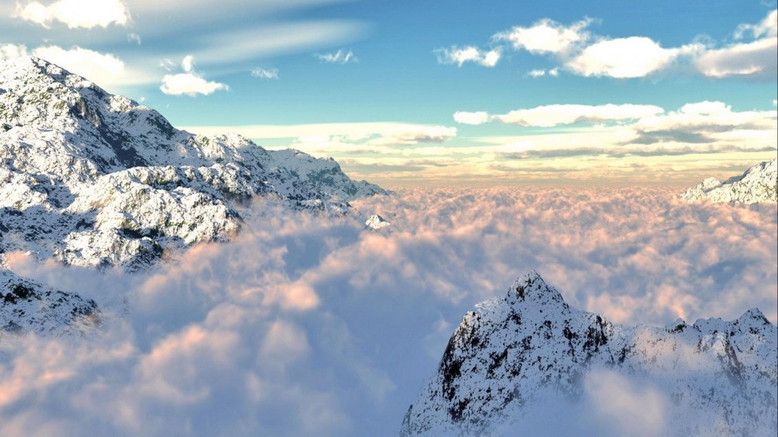 Download Wallpaper Mountain tops between white clouds
