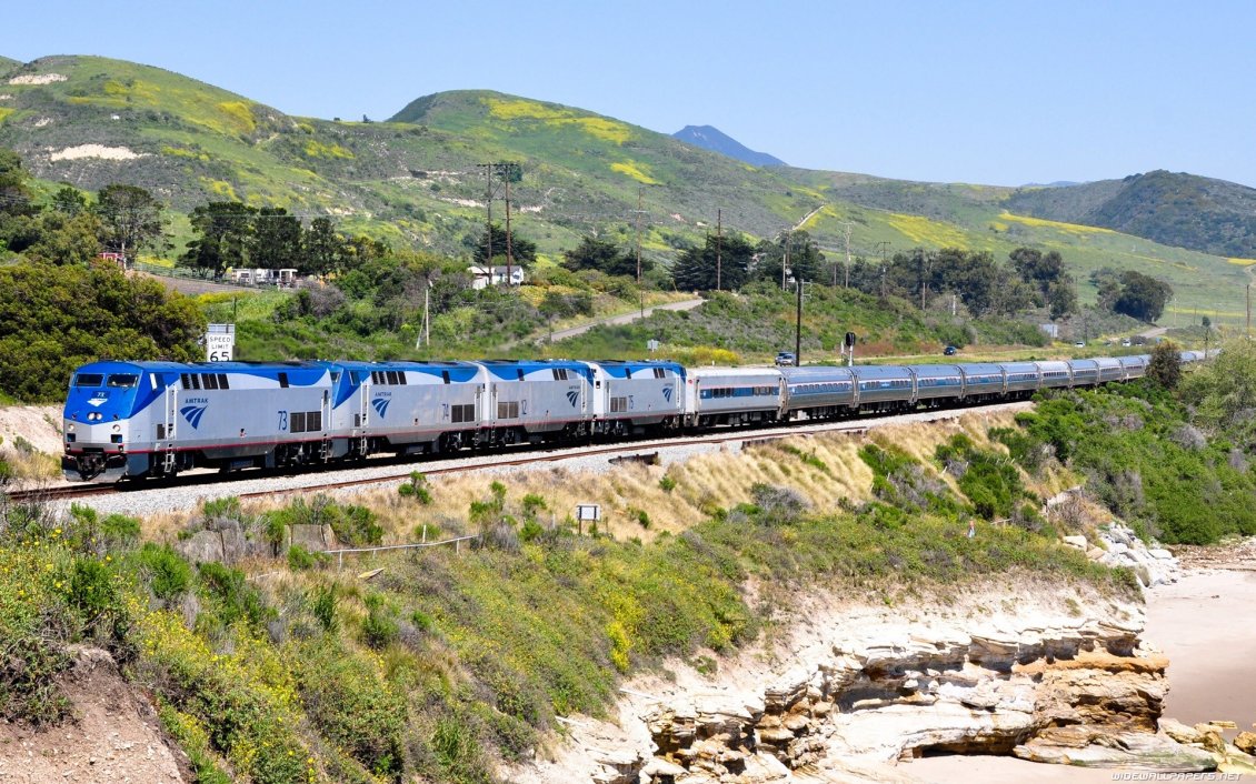 Download Wallpaper Gray and blue train on foothills