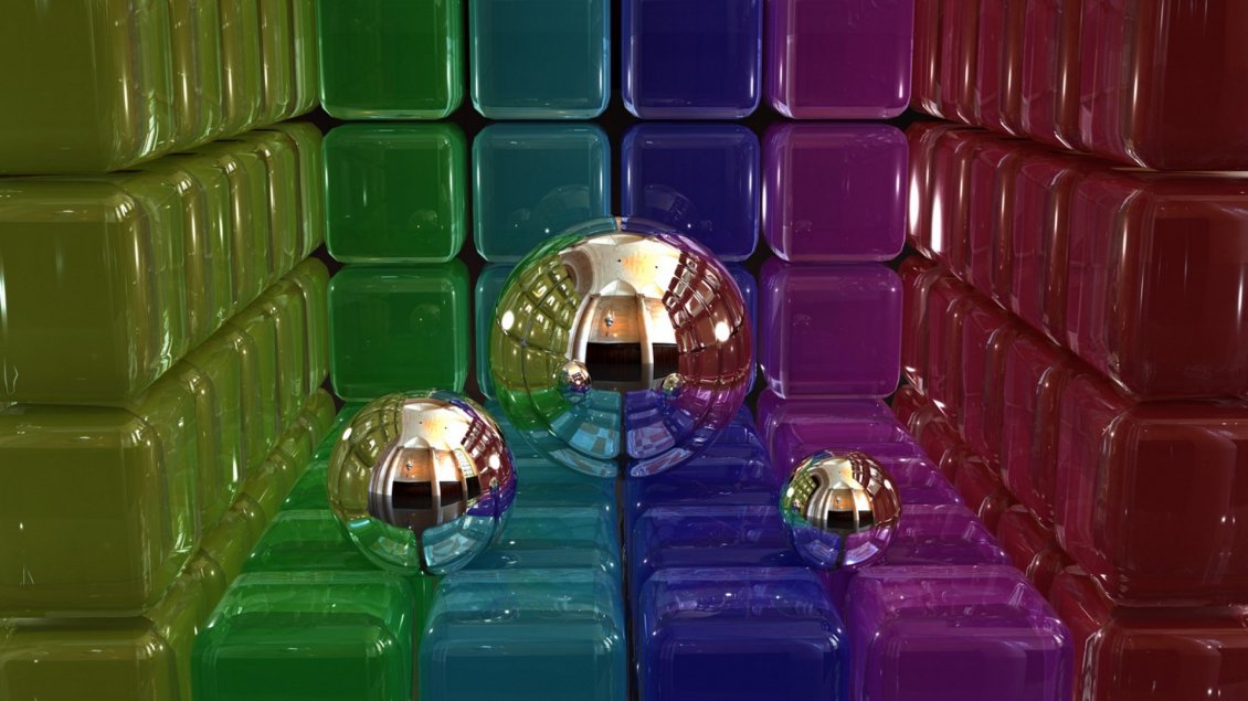 Download Wallpaper Three different balls between colorful cubes
