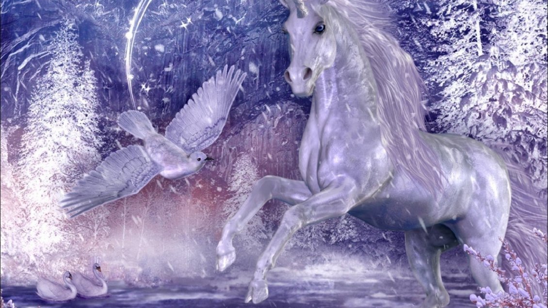 Download Wallpaper A white unicorn and dove and two swans on the water