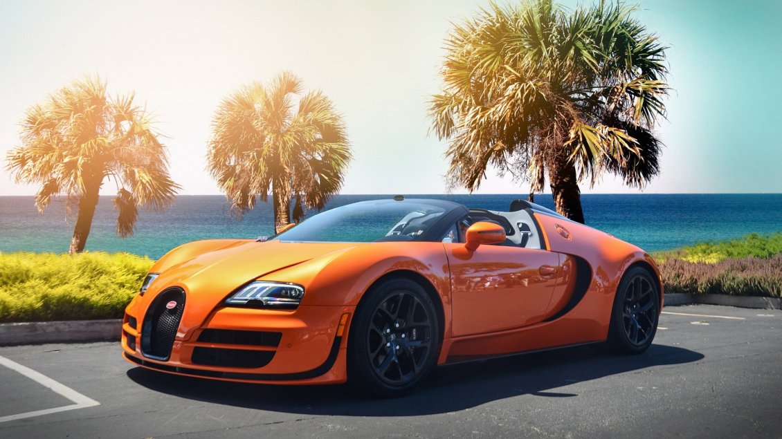 Download Wallpaper Gorgeous orange Bugatti Veyron w16 on the shore of sea