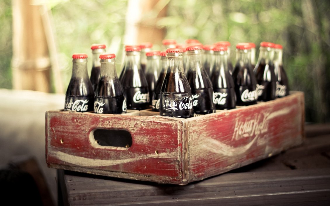 Download Wallpaper Old wooden box full with coca cola bottles