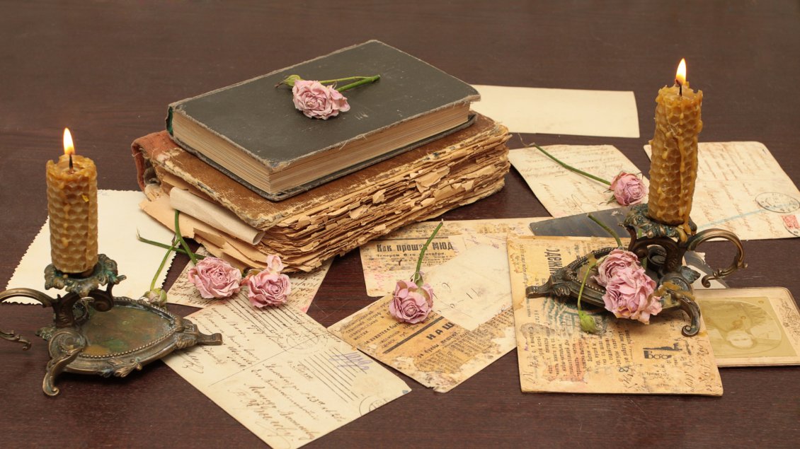 Download Wallpaper A old book, two candles and pink roses - Vintage wallpaper