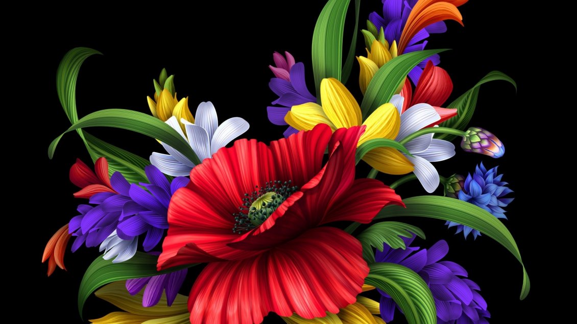 Download Wallpaper HD colorful flowers bouquet on the black background
