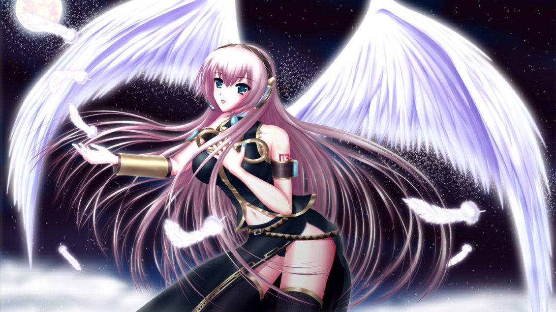 Download Wallpaper Anime girl angel with white wings and purple hair
