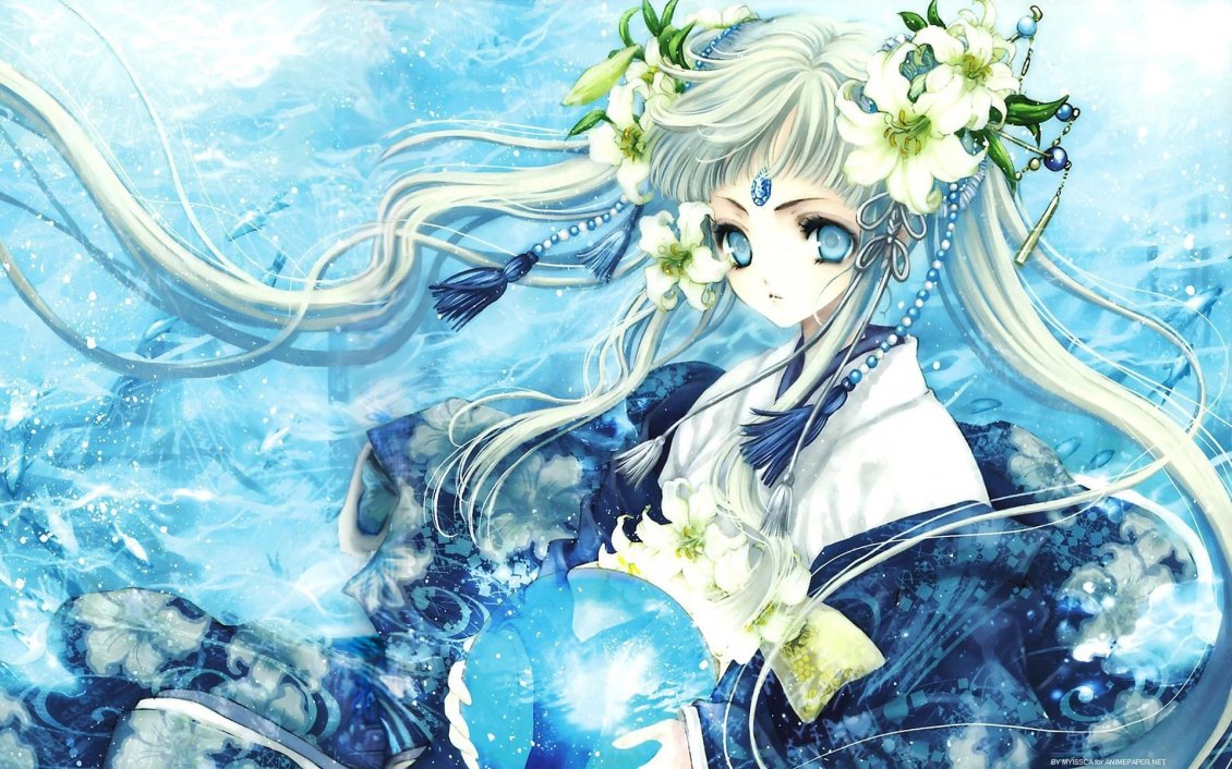 Download Wallpaper An anime girl with a crystal globe and flowers in hair