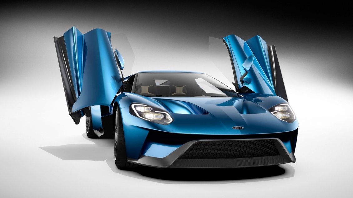 Download Wallpaper Blue Ford GT Studio with opened doors
