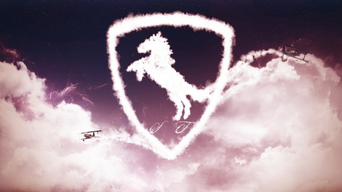 Download Wallpaper Ferrari logo made of clouds and a plane