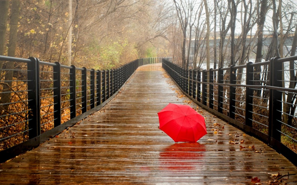 Download Wallpaper Red umbrella on the bridge - Rainy day