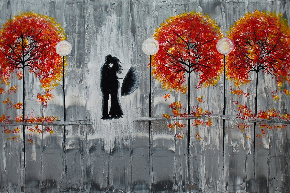 Download Wallpaper Beautiful grey painting - two lovers in the rain