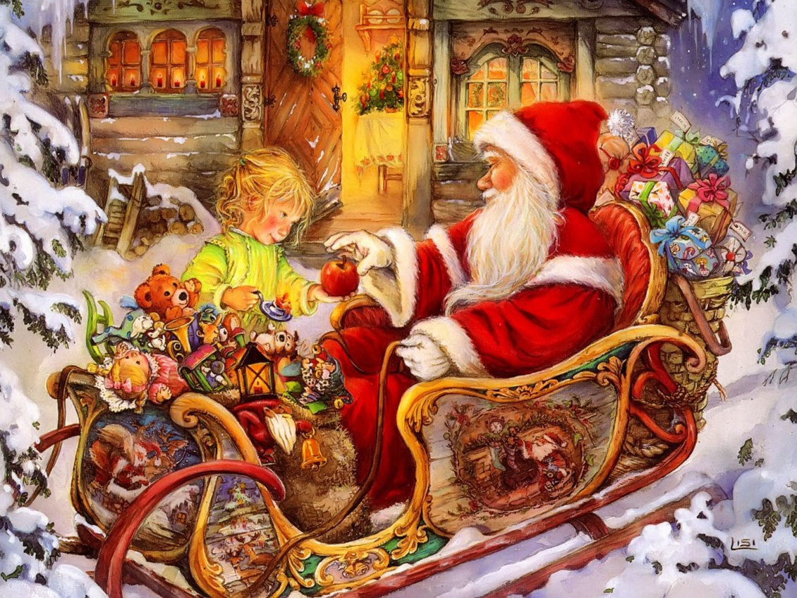 Download Wallpaper Little girl and Santa Claus - Merry Christmas