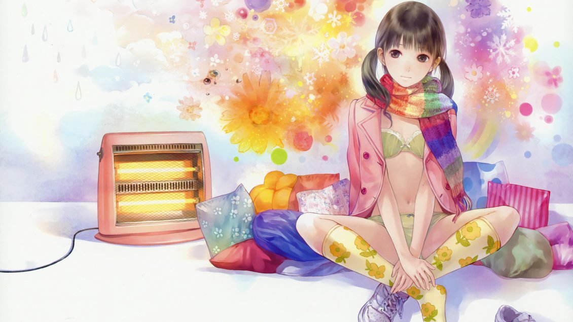 Download Wallpaper Anime girl in a cold room - spring flowers on the wall