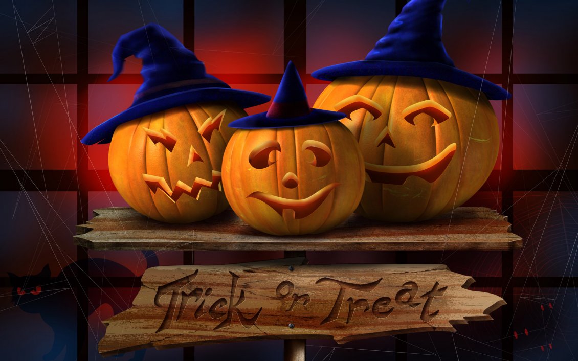 Download Wallpaper Trick or Treat - Funny pumpkins with hats on Halloween night