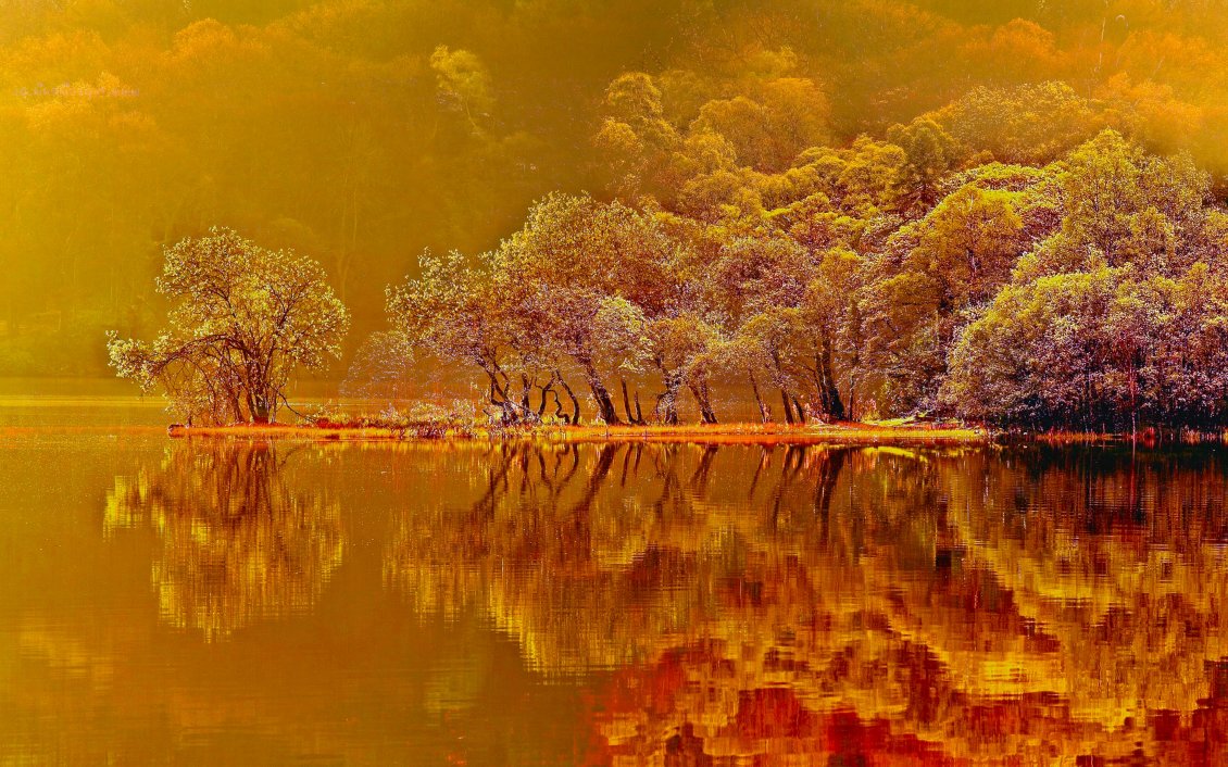 Download Wallpaper Amber Autumn nature - mirror in the lake at sunset