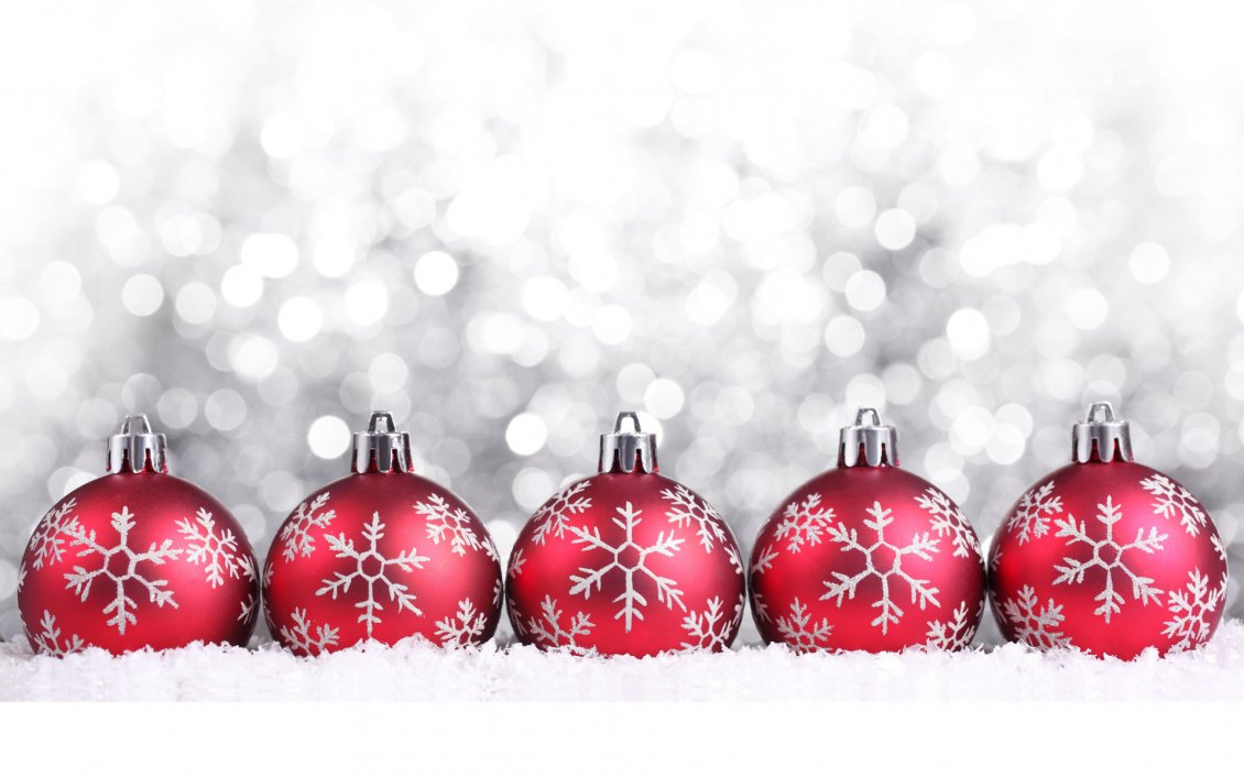 Download Wallpaper Five red Christmas ball on a silver background