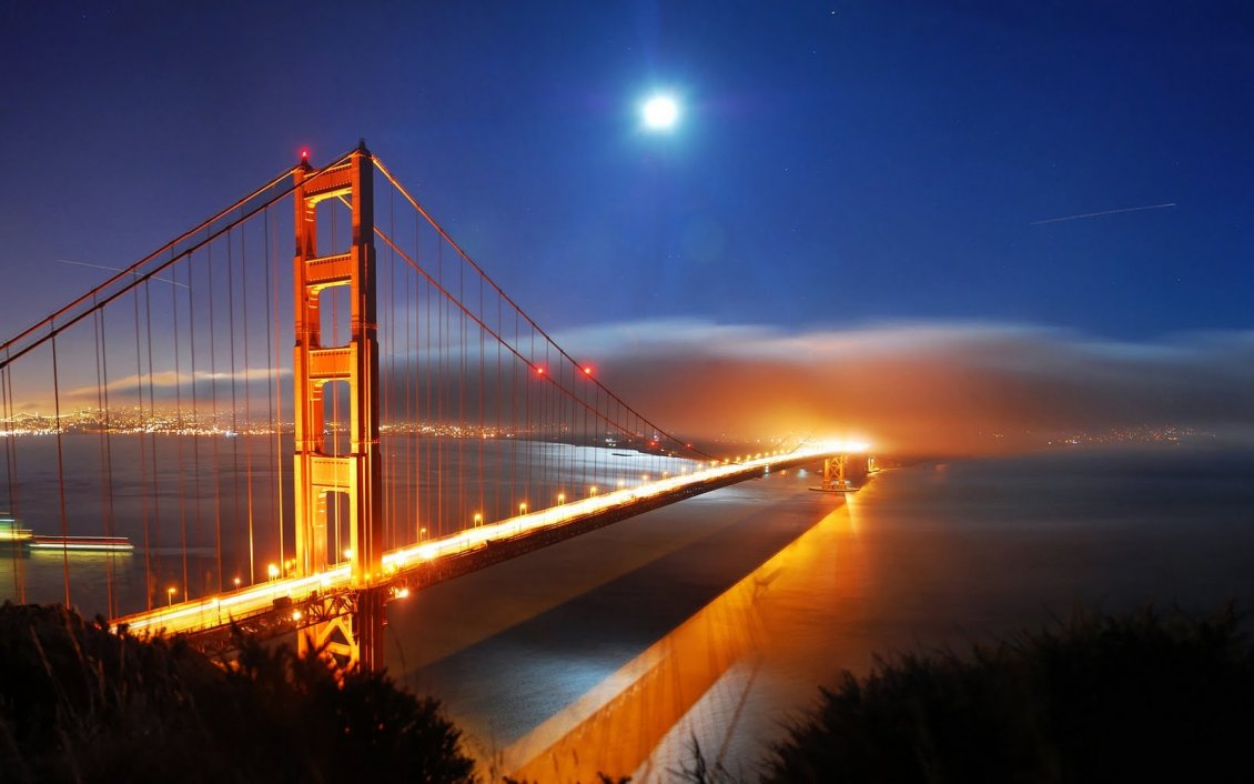 Download Wallpaper Wonderful bridge in the night - Orange light