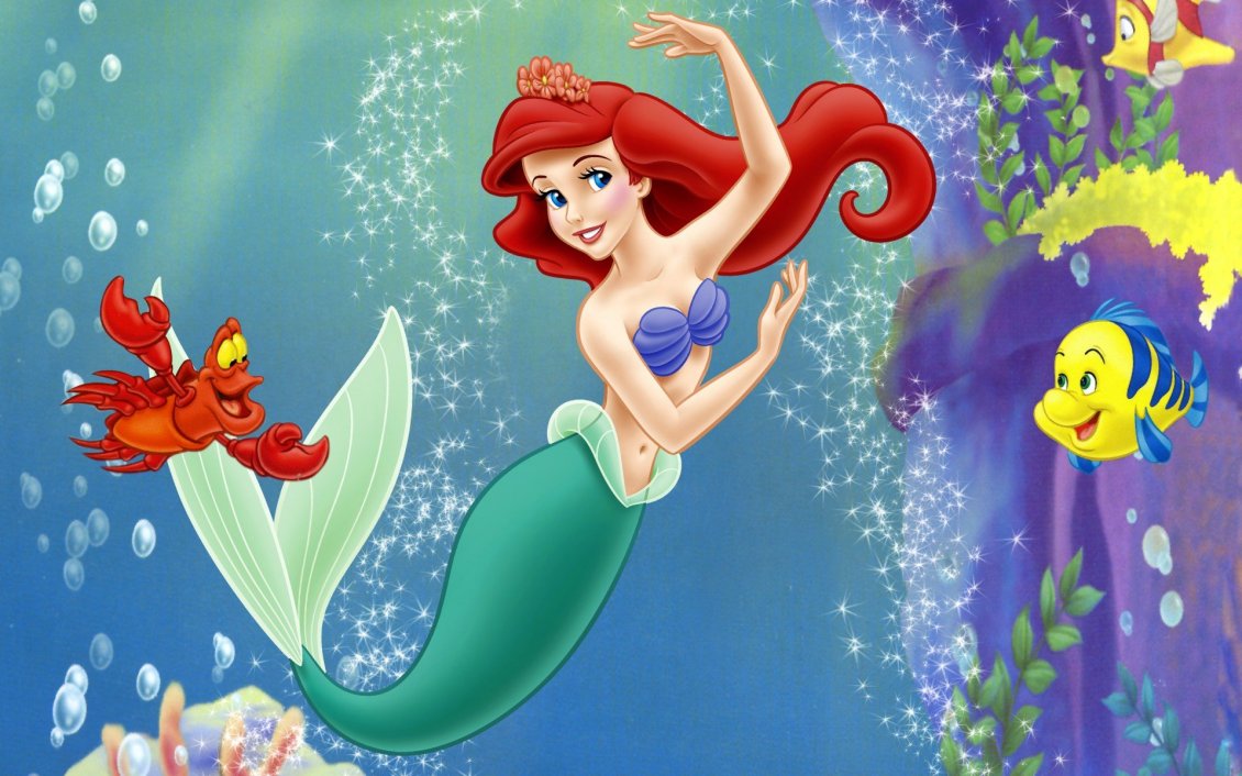 Download Wallpaper Ariel - Little mermaid and her friends in the water