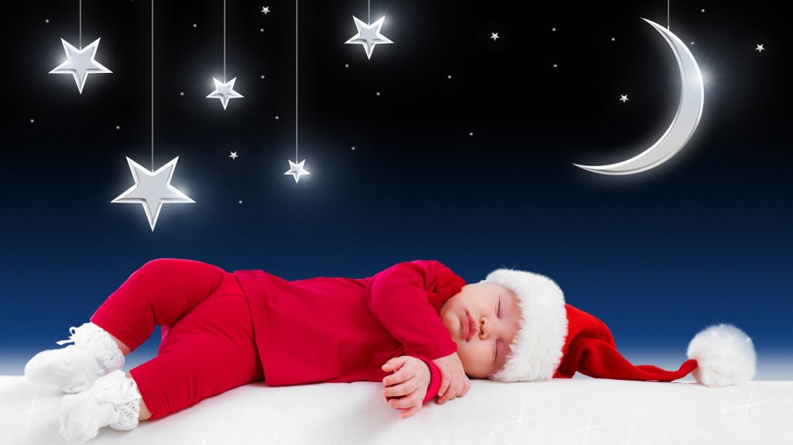 Download Wallpaper Small kid sleep and waiting for Santa Claus - Stars and moon