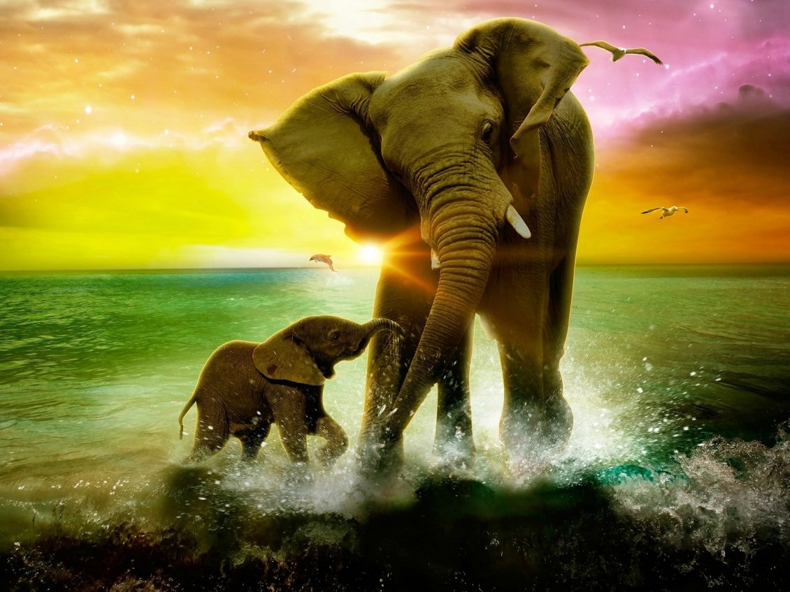 Download Wallpaper Beautiful love between mother and son elephant