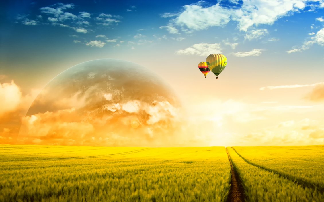 Download Wallpaper Two hot air balloons and big planet at the orizont - Space
