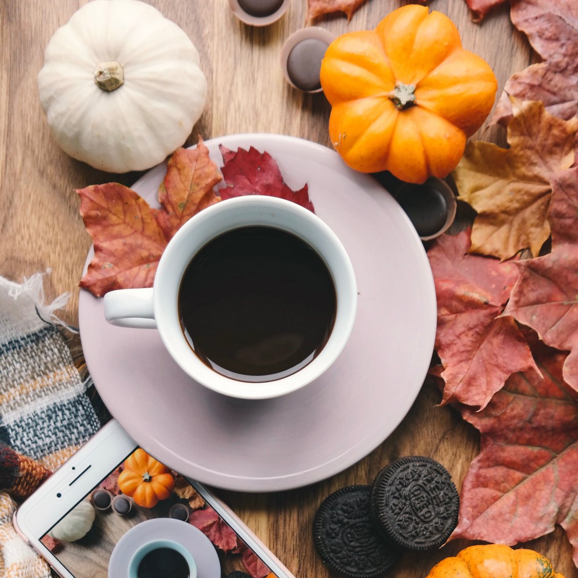 Download Wallpaper Dark coffee for Autumn photo - biscuits and pumpkins