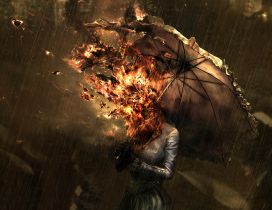 Burning woman with umbrella walking in the rain