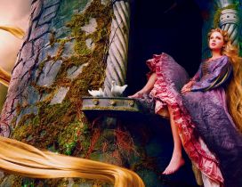 Taylor Swift as Rapunzel with two white pigeons
