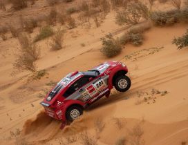 Dakar rally red car in the desert