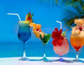 Four different cocktails on the beach