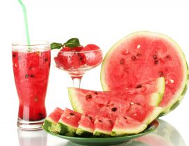 Watermelon, fresh juice and ice cream of watermelon