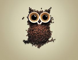 An owl made of coffee beans and eyes from a coffee cup