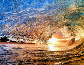 Tunnel made from a big wave of water into the sea