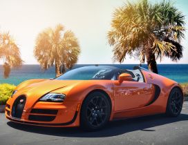 Gorgeous orange Bugatti Veyron w16 on the shore of sea