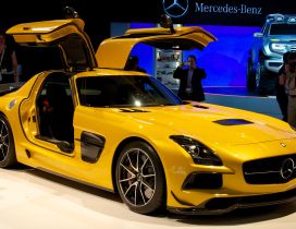 Yellow Mercedes-Benz SLS AMG at presentation
