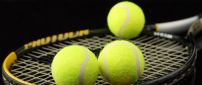 Three tennis balls and one racket