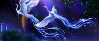 Two artistic white birds flying in the night