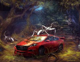 Fantastic forest with fantasy creatures and a red car