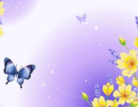 Purple butterfly and yellow flowers in a drawing