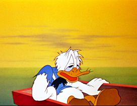 Exhausted Donald Duck in a red boat