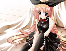 Anime girl in a black dress with red knot
