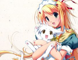 An anime girl with her white kitten