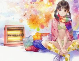 Anime girl in a cold room - spring flowers on the wall
